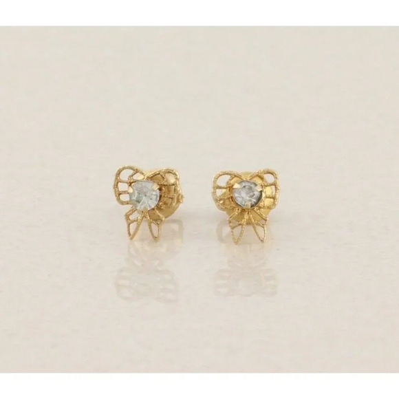 10k Yellow Gold Cubic Zirconia Bow Earrings Stud Post Screw Back Adult or Child - Picture 1 of 5